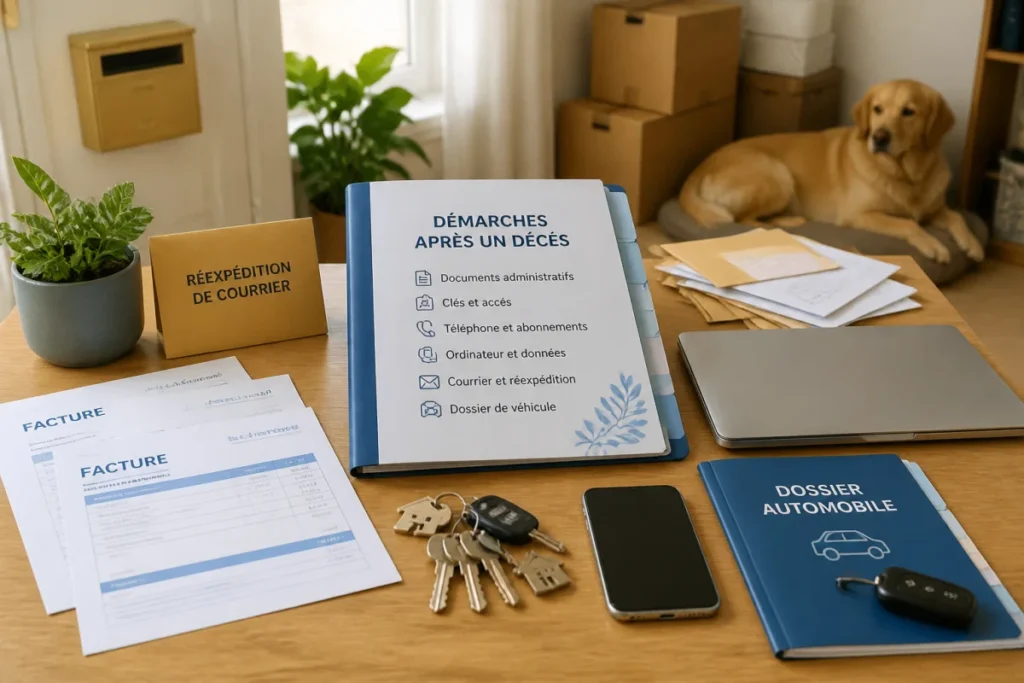 Table organisée pour les démarches administratives après décès, avec documents, clés, ordinateur, téléphone, courriers et dossier automobile.