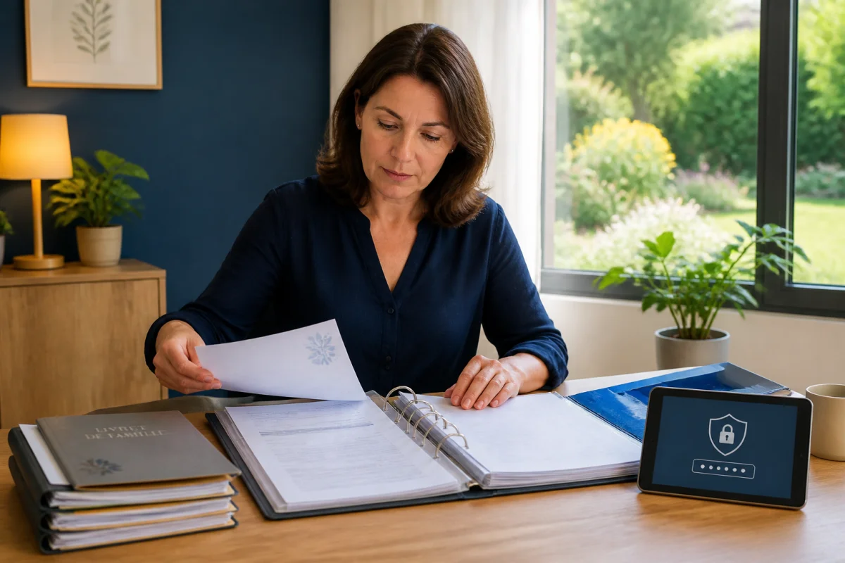 Adulte endeuillé organisant des documents administratifs liés aux démarches après décès dans un bureau lumineux et paisible