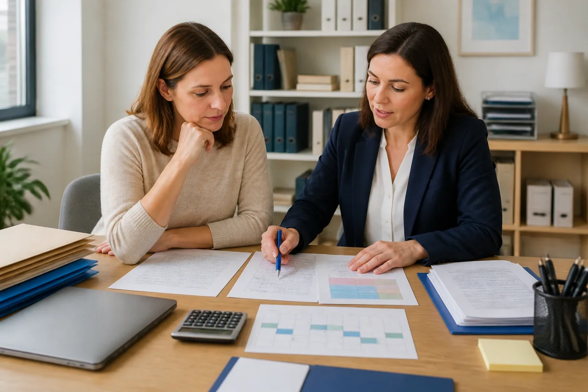 Parent et avocate préparent des documents sur la garde des enfants lors d’un divorce, dans un cabinet juridique lumineux