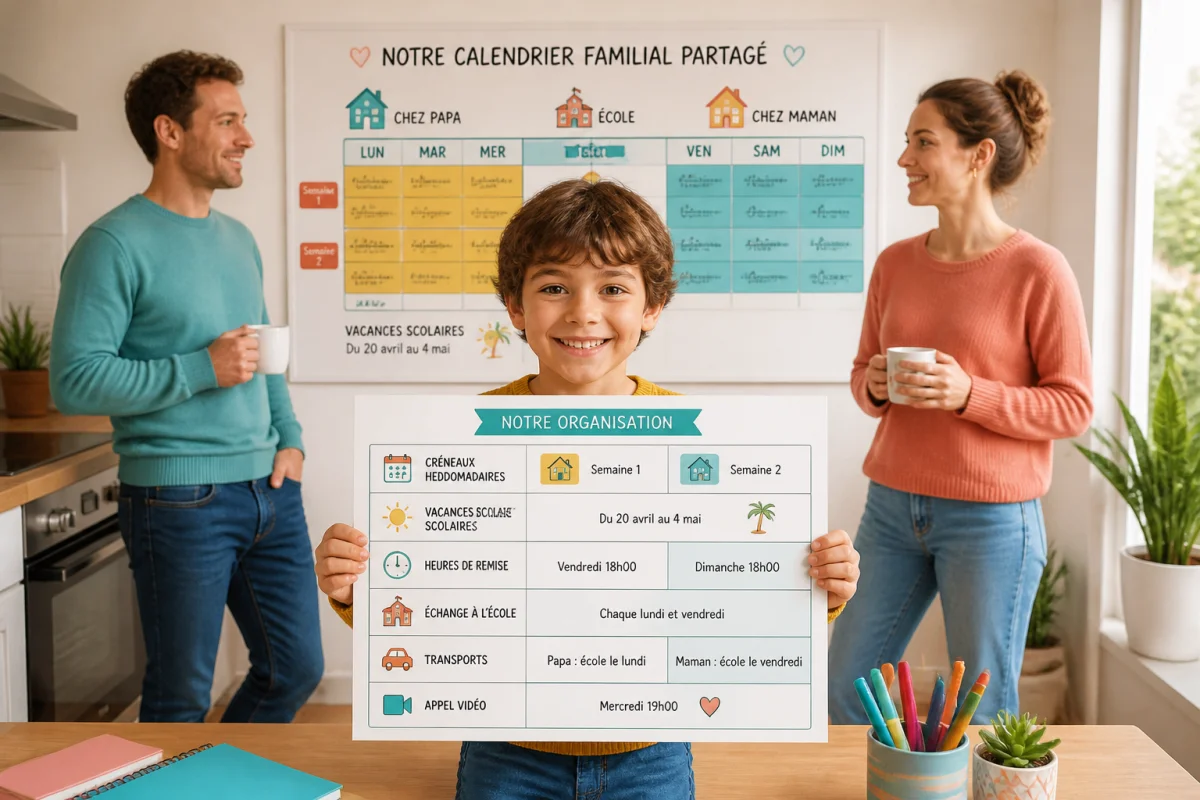 Enfant souriant présentant un calendrier partagé, illustrant le divorce et la garde des enfants entre deux domiciles.