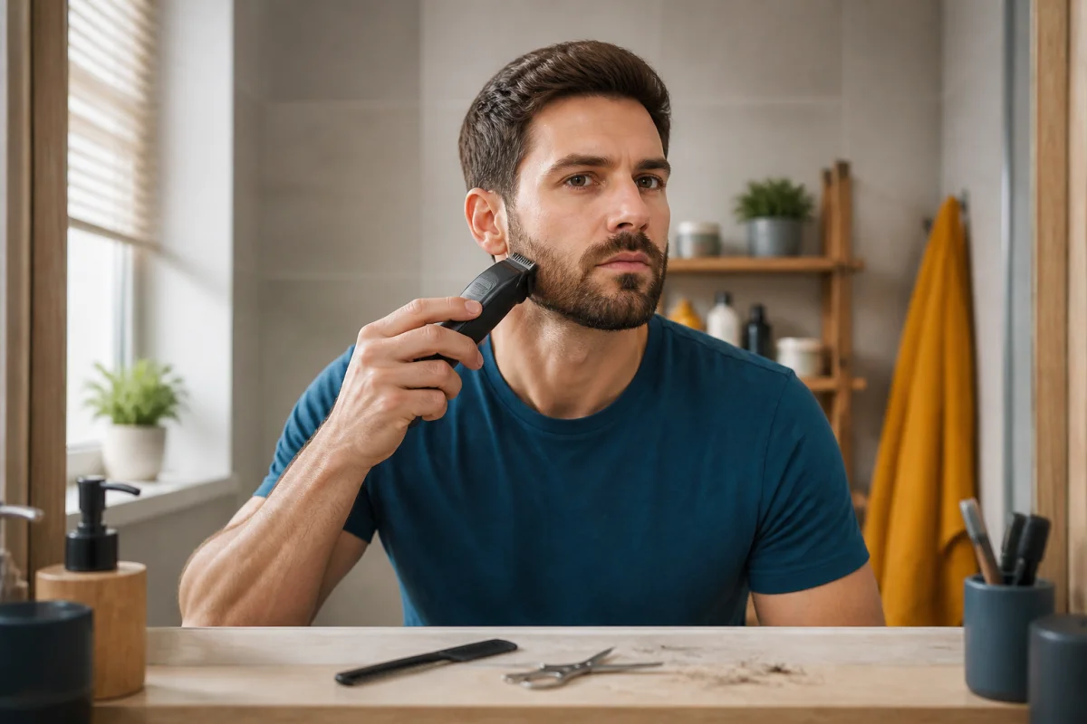 Homme taillant les contours de sa barbe avec une tondeuse devant le miroir, dans une salle de bains moderne à domicile