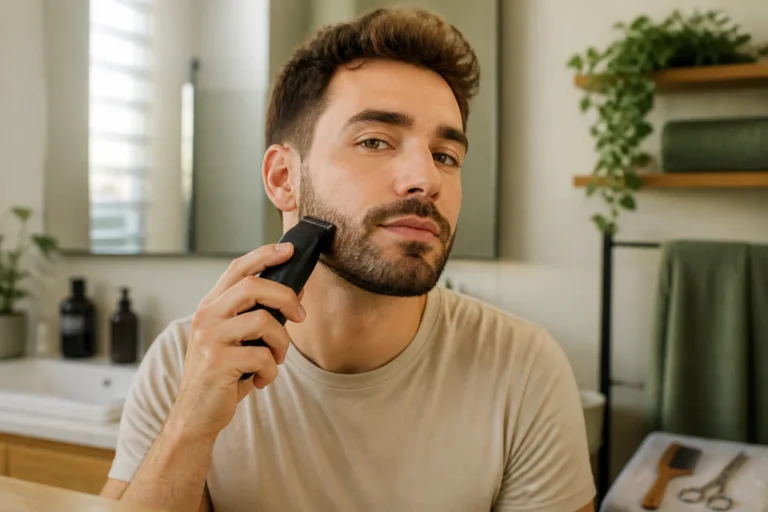 Homme réalisant l’entretien de la barbe à domicile avec une tondeuse, dans une salle de bains lumineuse.