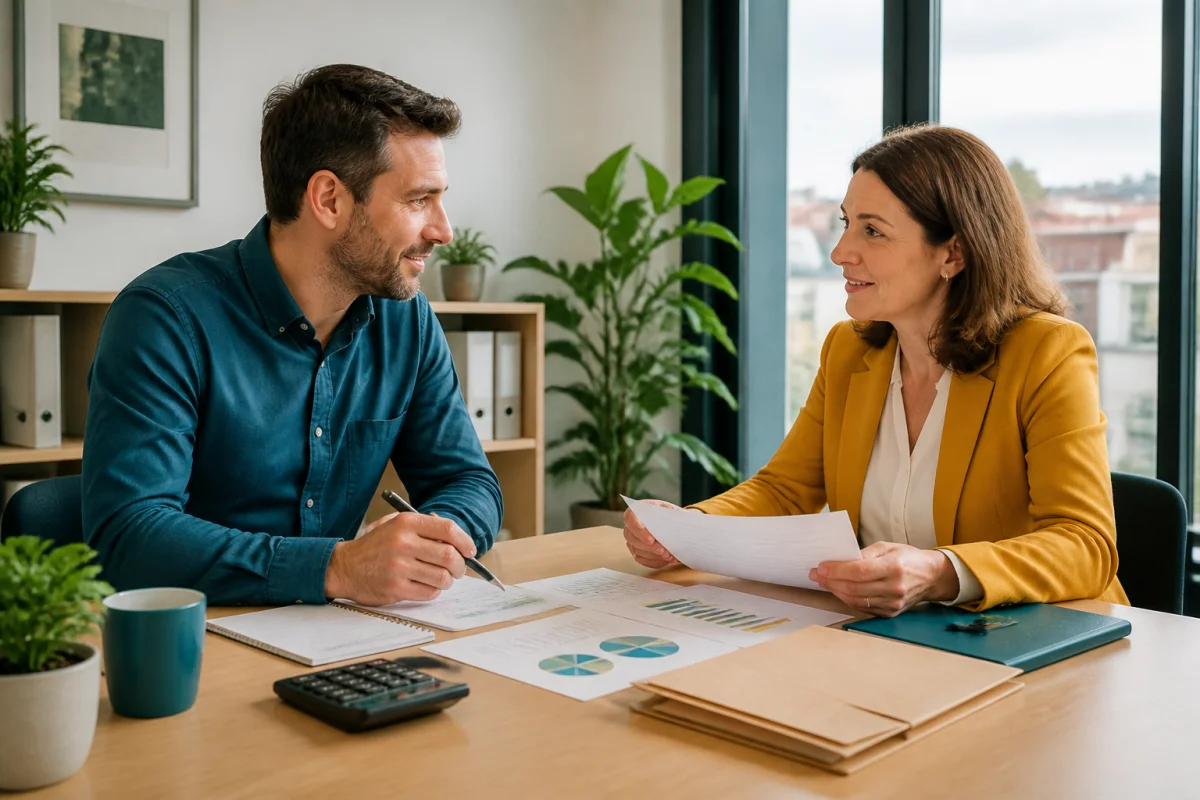 Adulte en reconversion discutant du financement d’une formation avec son employeur autour de documents budgétaires gagnants