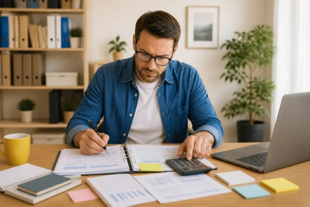Adulte préparant un dossier pour financer une formation, avec documents budgétaires, ordinateur portable et calculatrice sur un bureau organisé