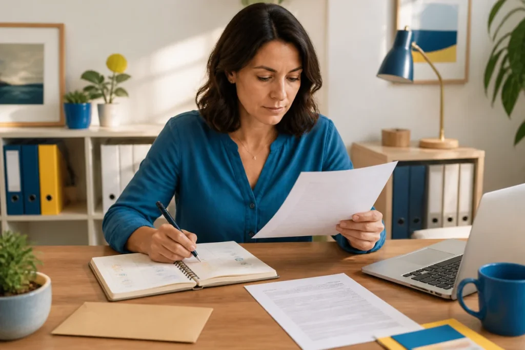 Flash Avocat : personne étudiant un courrier juridique et notant dates, termes incompris et questions dans un carnet.