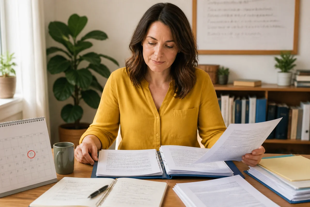Lectrice consultant des informations juridiques, dossier ouvert, documents et calendrier sur bureau lumineux, pour Flash Avocat