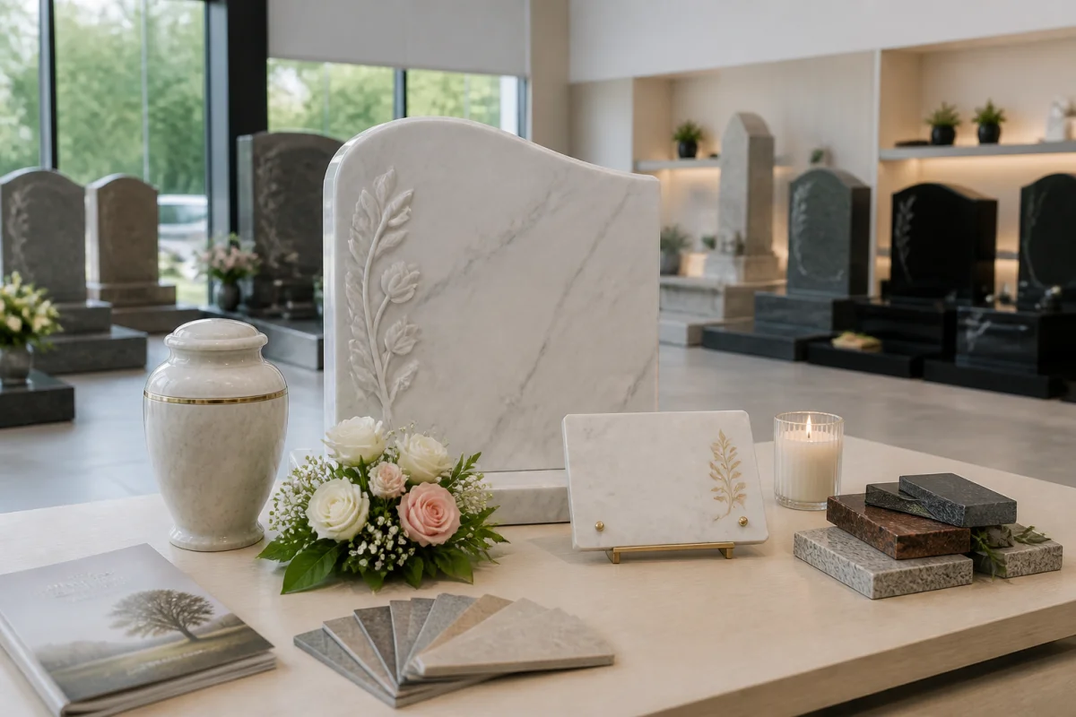 Espace d’exposition de La Broche Funéraire avec monuments en marbre, urne, plaque personnalisée et fleurs fraîches