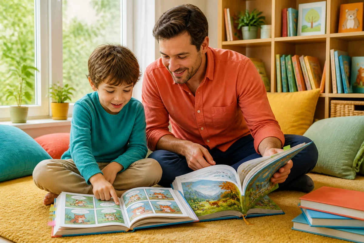 Adulte et enfant lisant ensemble des livres et bandes dessinées pour enfants dans un coin lecture familial chaleureux