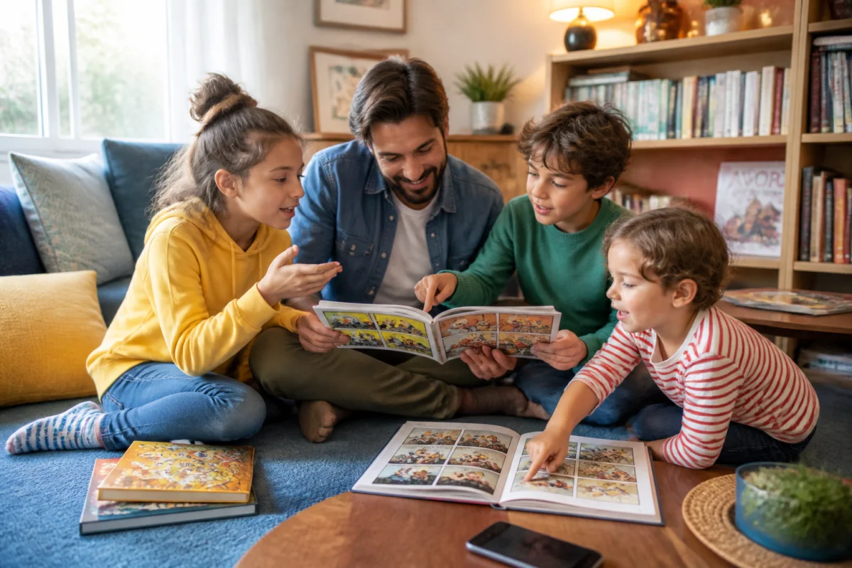 Adulte lisant des livres et bandes dessinées pour enfants avec trois enfants dans un coin lecture familial chaleureux