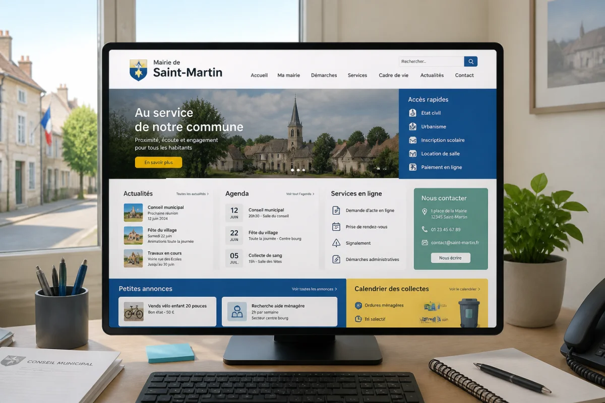 Écran affichant le site officiel de la Mairie de Triguères, ses démarches, actualités locales et services municipaux