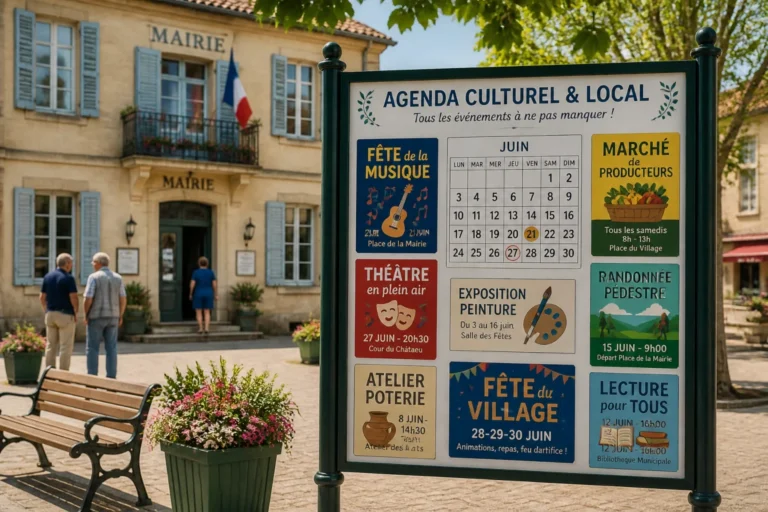 Panneau d’affichage de la Mairie de Triguères annonçant événements associatifs, marchés et activités locales devant la mairie.