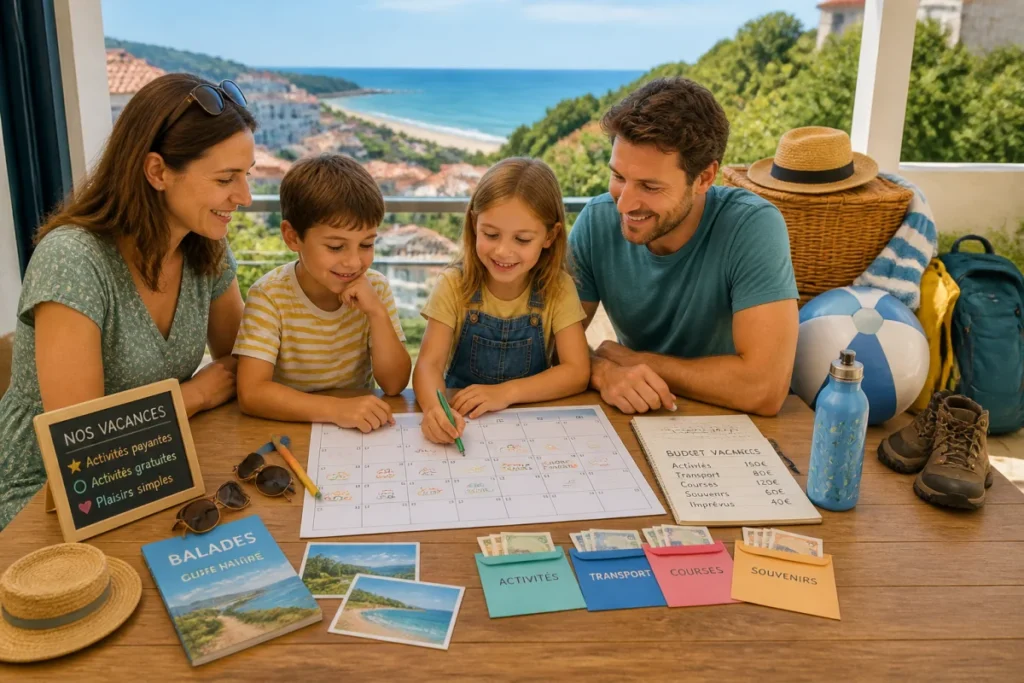 Famille organisant un budget vacances autour d’un planning, entre activités payantes, promenades et pique-niques en bord de mer