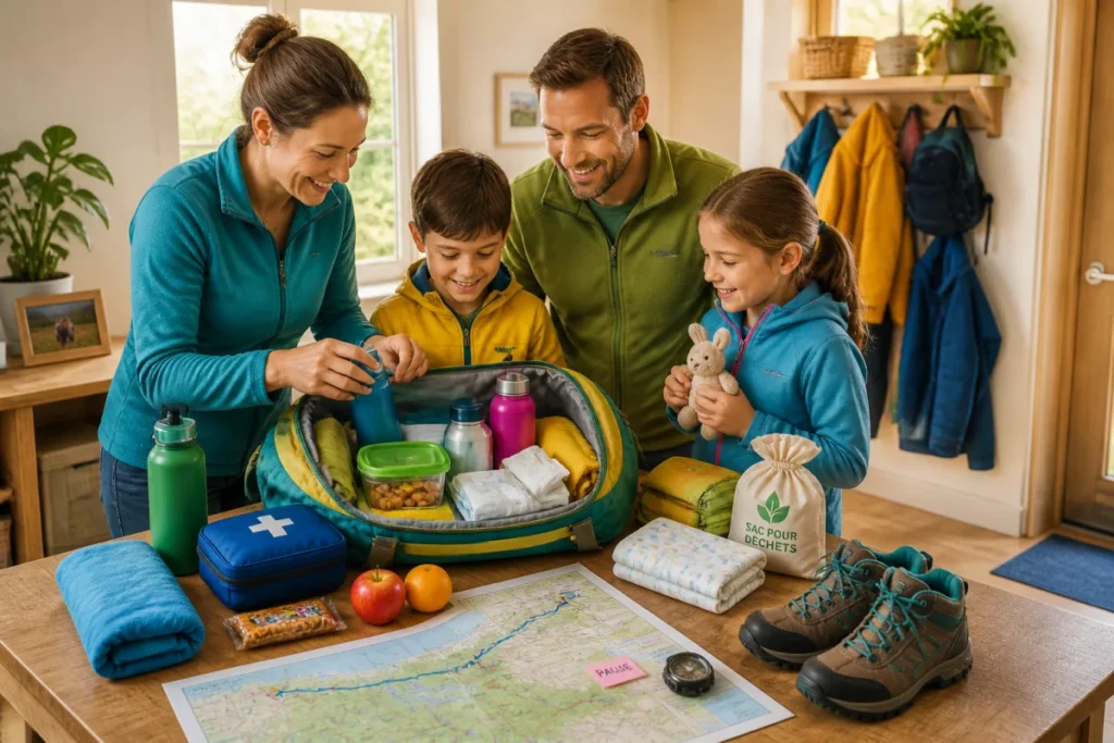 Famille préparant une sortie ensemble, avec sac ouvert, carte du trajet et accessoires essentiels sur une table