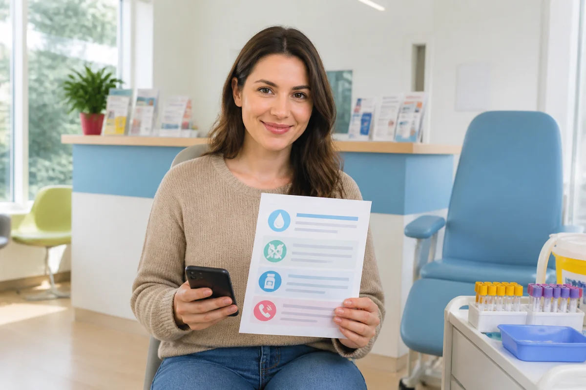 Patient se préparant sereinement à une prise de sang, tenant une fiche de consignes et un téléphone au laboratoire médical
