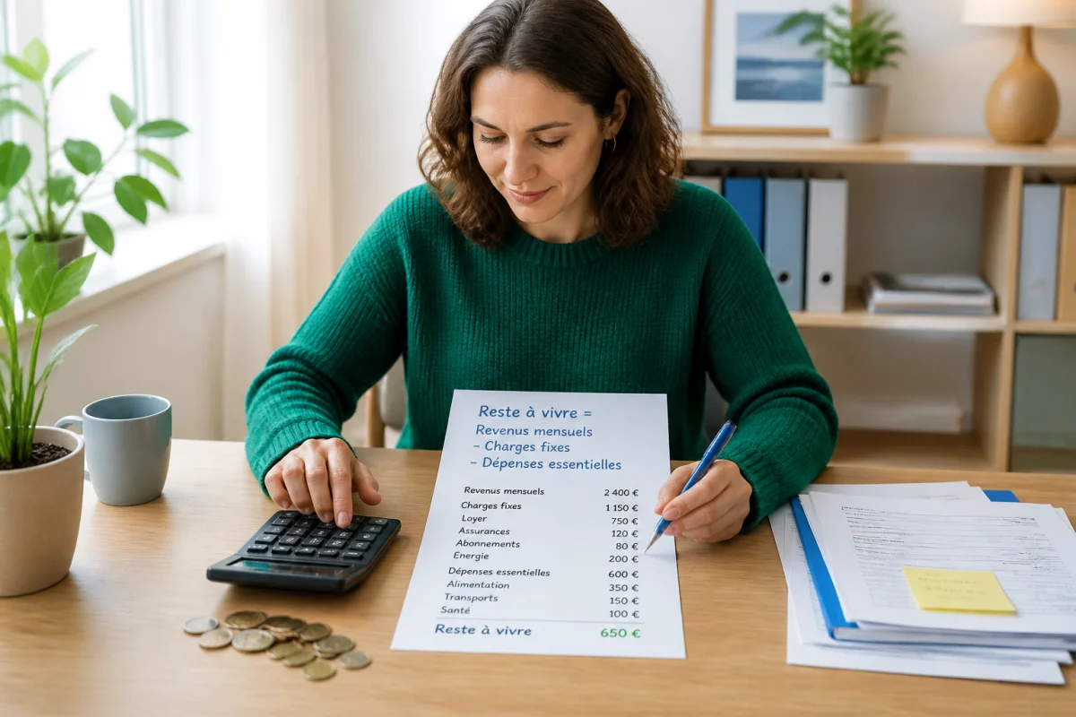 Calcul du reste à vivre avec calculatrice, revenus mensuels, charges fixes et dépenses essentielles sur un bureau lumineux